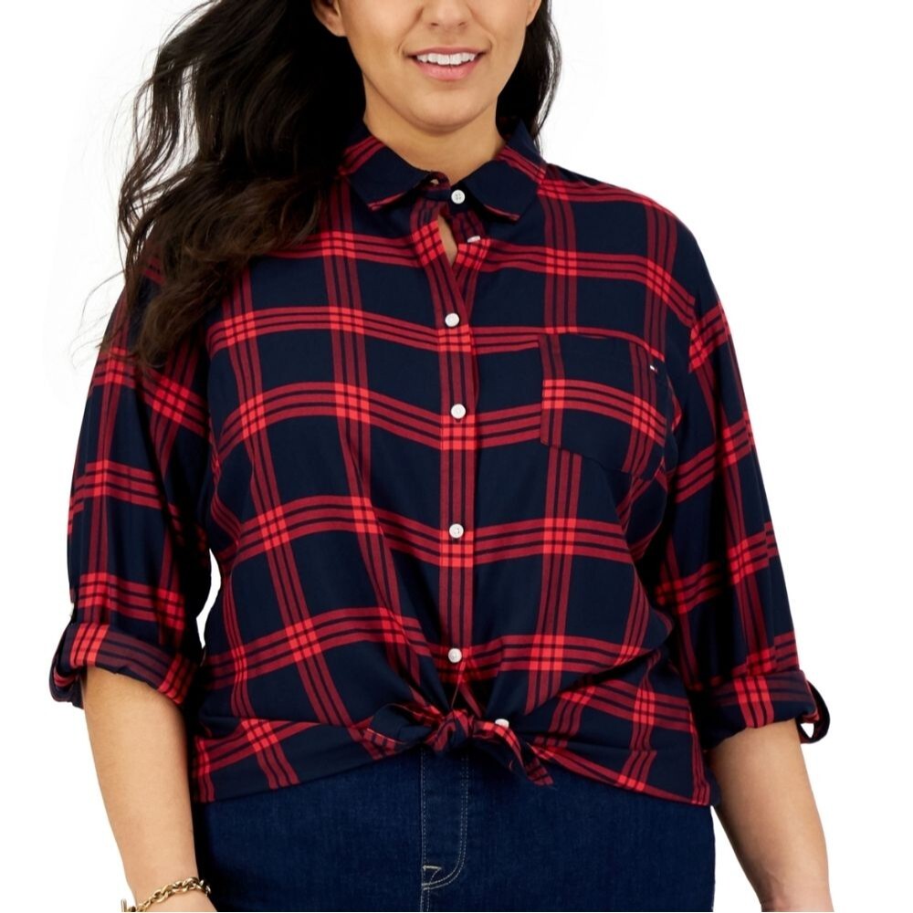 Tommy Hilfiger Plus 2X Cotton Plaid Utility Heritage Shirt Sky Captain Multi